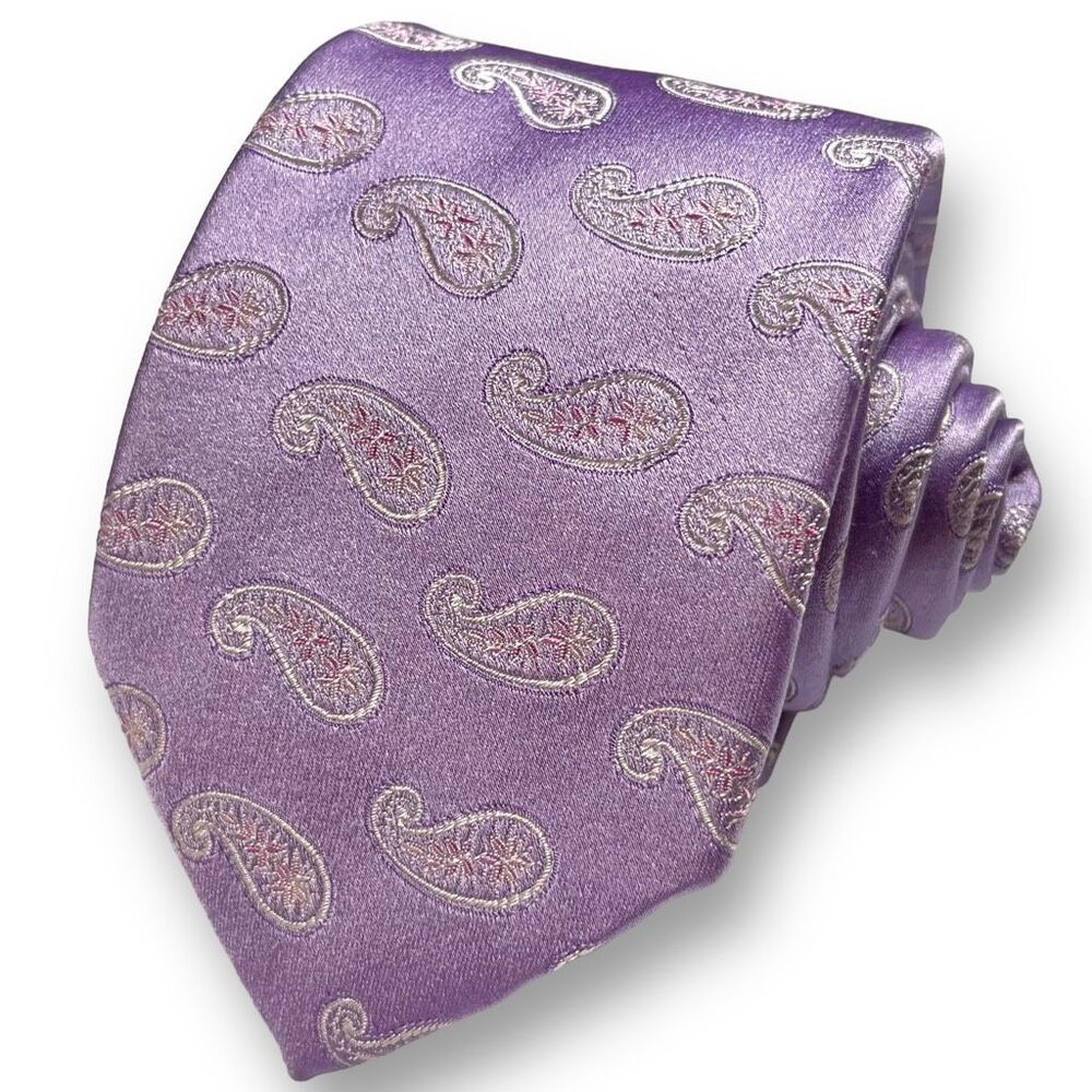 VALENTINO Men’s Purple Designer Paisley Medallion 100% Jacquard Silk Narrow Tie - Picture 1 of 9